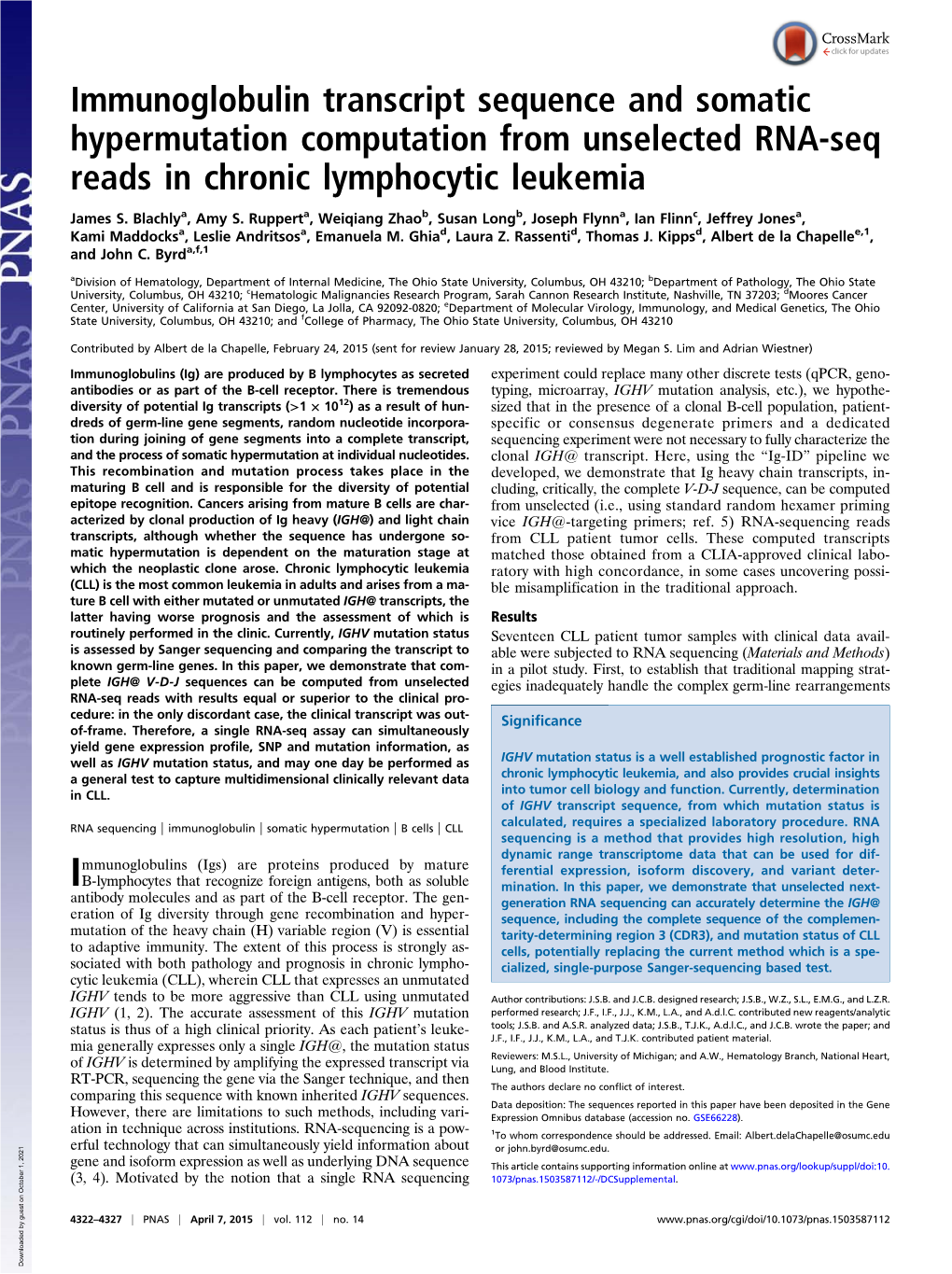 Immunoglobulin Transcript Sequence and Somatic Hypermutation Computation from Unselected RNA-Seq Reads in Chronic Lymphocytic Leukemia