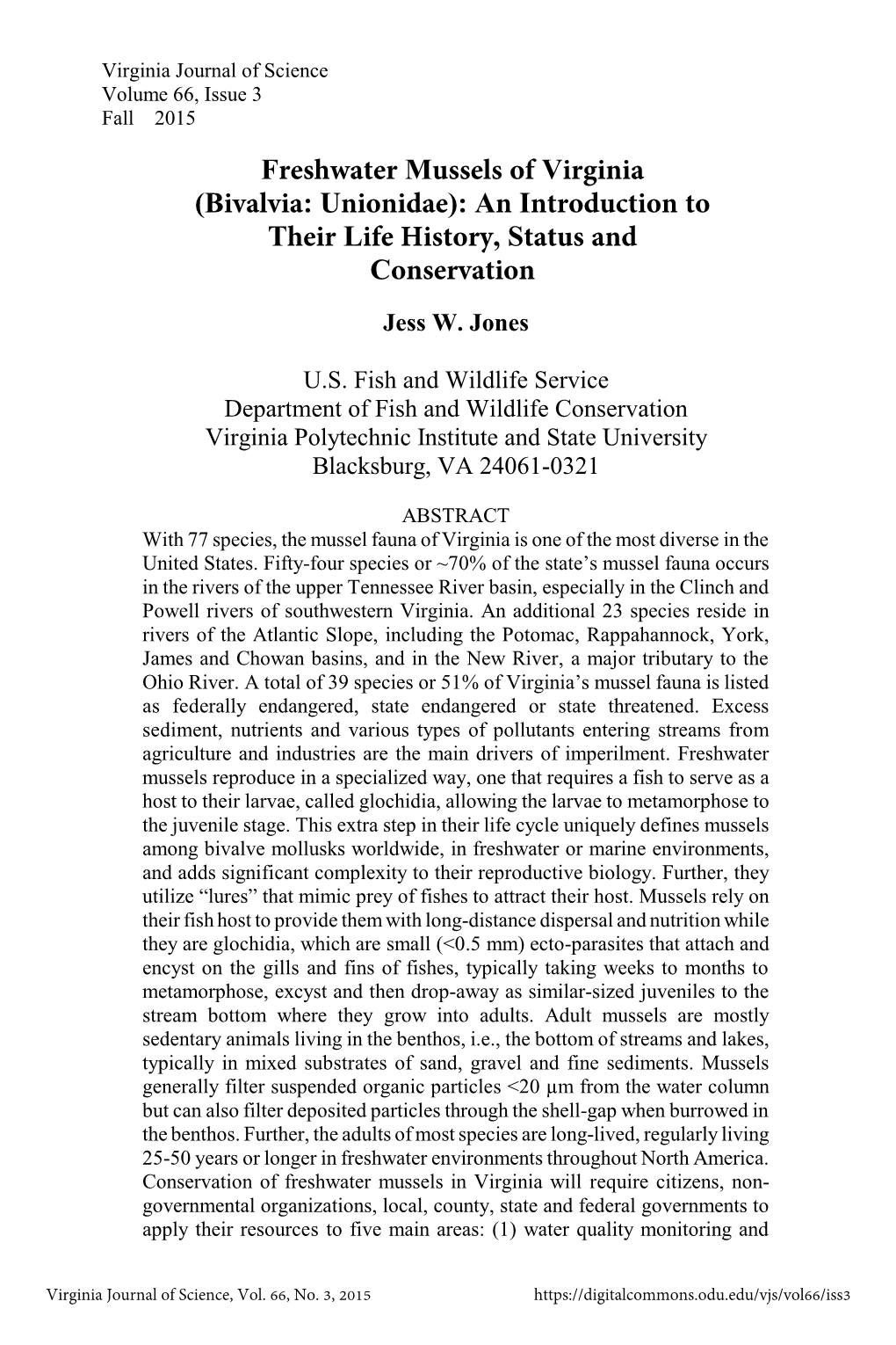 Freshwater Mussels of Virginia (Bivalvia: Unionidae): an Introduction to Their Life History, Status and Conservation Jess W