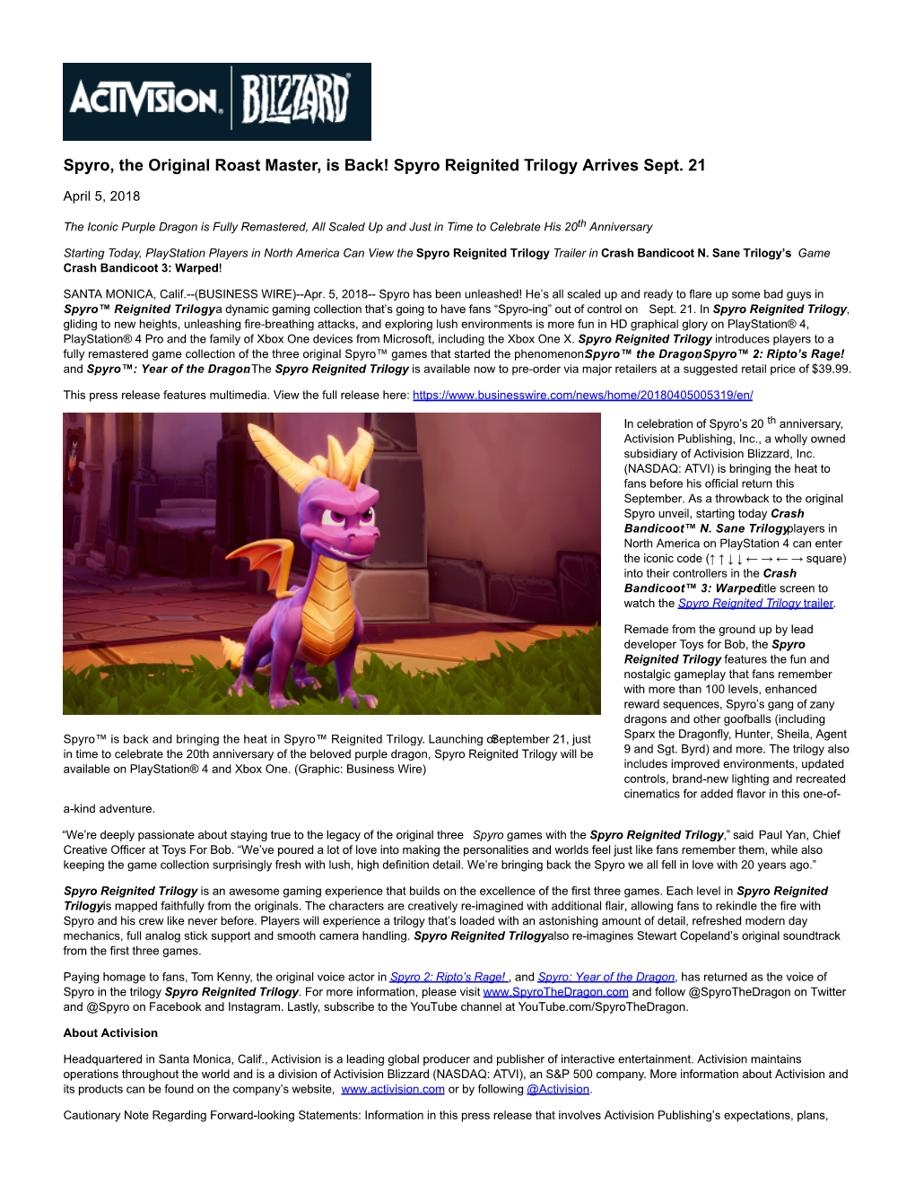 Spyro Reignited Trilogy Arrives Sept. 21