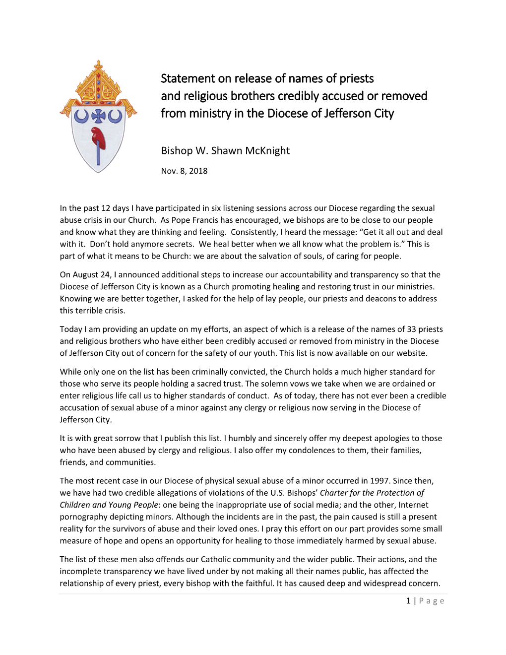 Statement on Release of Names of Priests and Religious Brothers Credibly Accused Or Removed from Ministry in the Diocese of Jefferson City