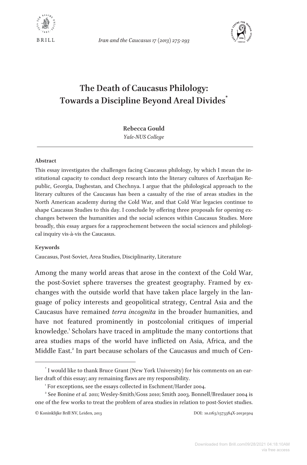 The Death of Caucasus Philology: Towards a Discipline Beyond Areal Divides*