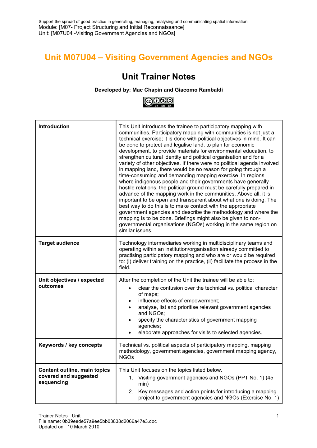 Unit Trainer Notes - Visiting Government Agencies and Ngos