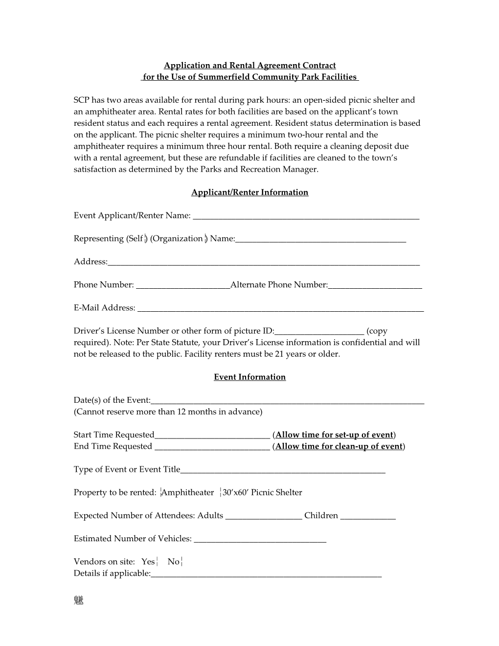 Application and Rental Agreement Contract