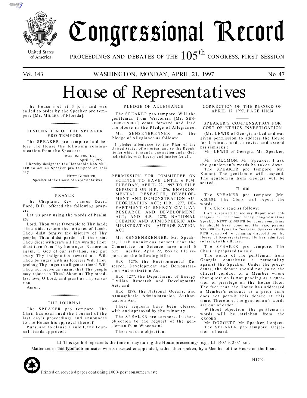 Congressional Record United States Th of America PROCEEDINGS and DEBATES of the 105 CONGRESS, FIRST SESSION