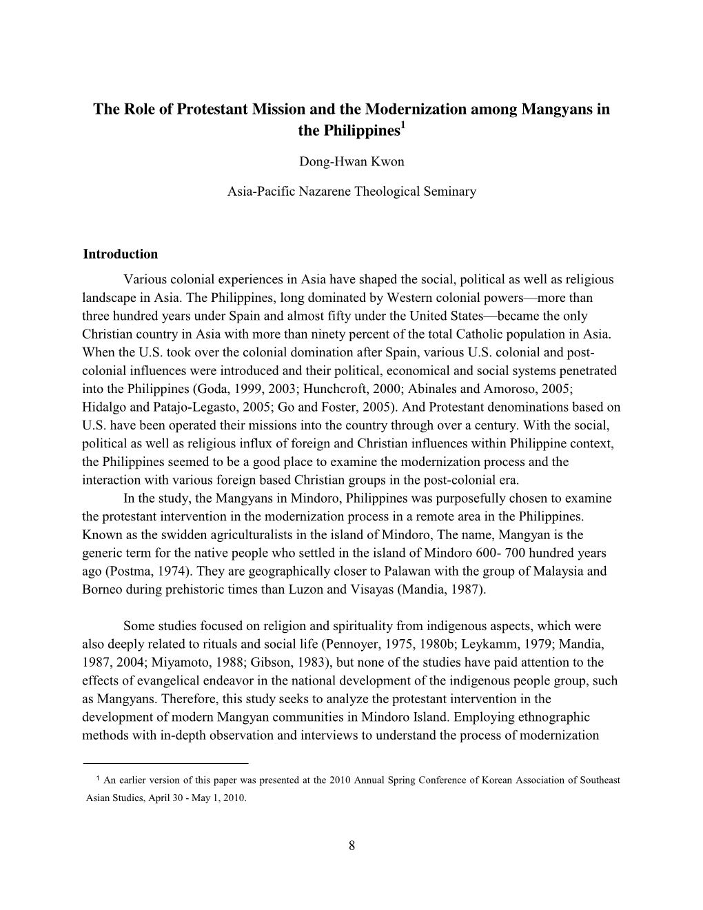 Kwon Dong-Hwan, “The Role of Protestant Mission and the Modernization Among Mangyans in the Philippines