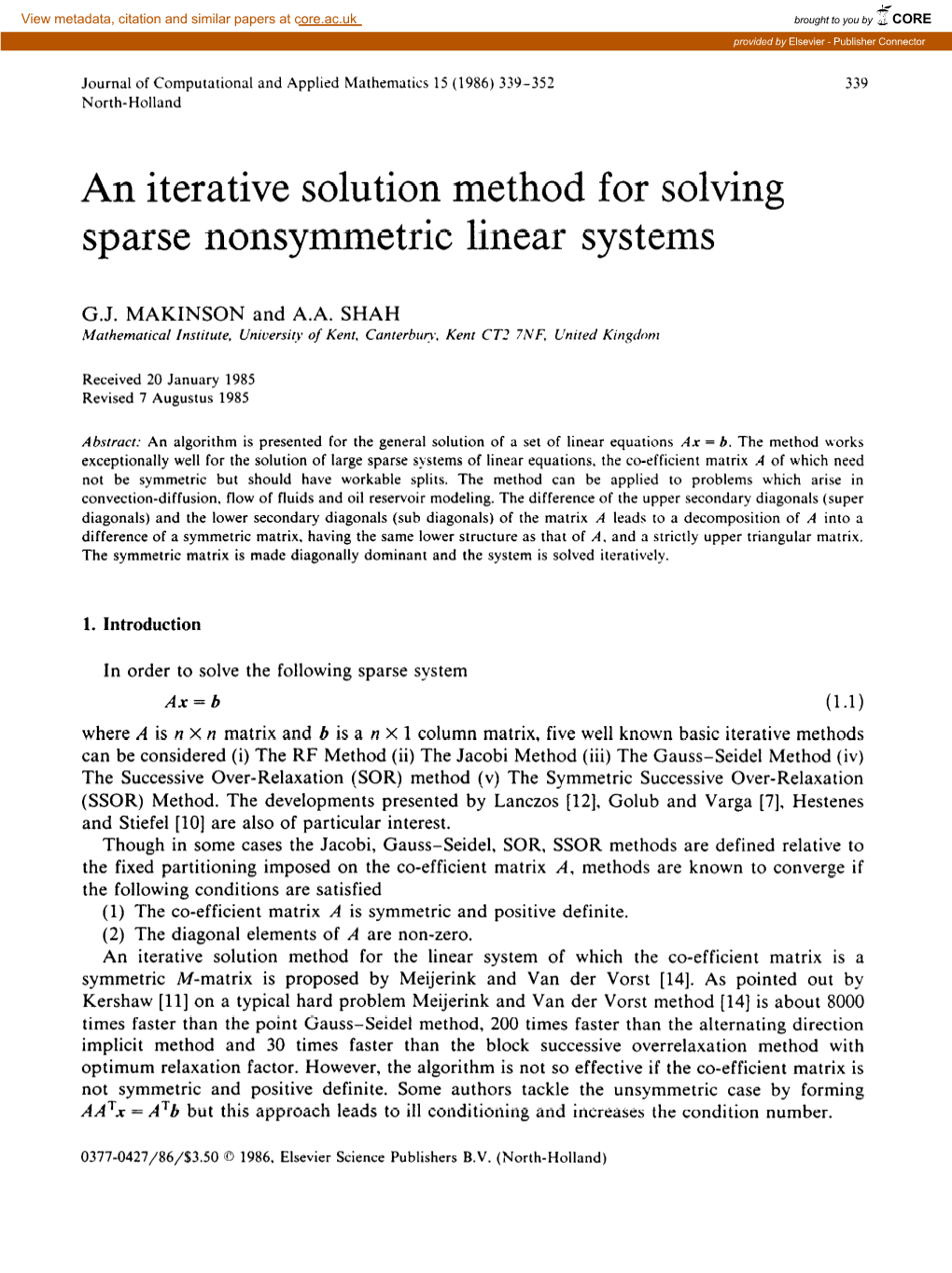 An Iterative Solution Method for Solving Sparse Nonsymmetric Linear Systems