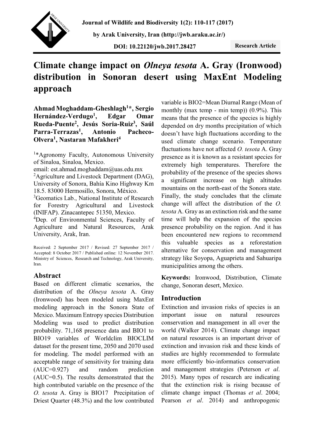 Climate Change Impact on Olneya Tesota A. Gray (Ironwood) Distribution in Sonoran Desert Using Maxent Modeling Approach