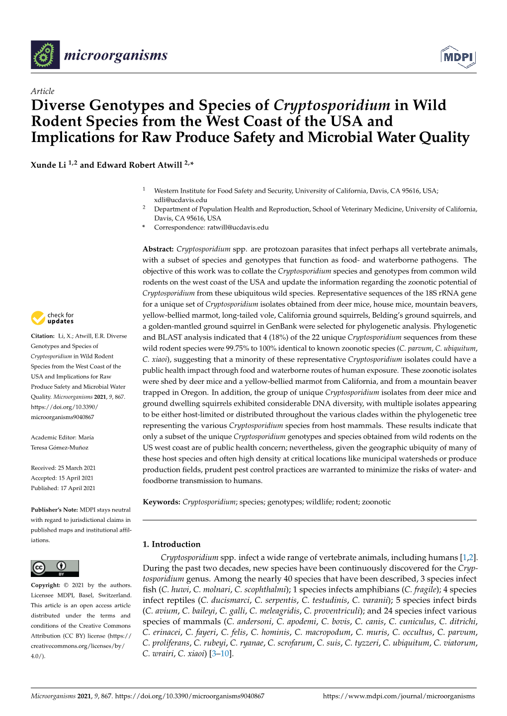 Diverse Genotypes and Species of Cryptosporidium in Wild Rodent