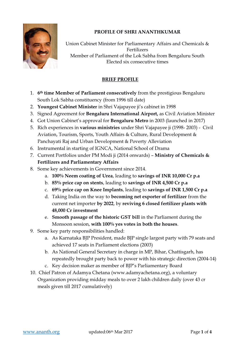 PROFILE of SHRI ANANTHKUMAR Union Cabinet