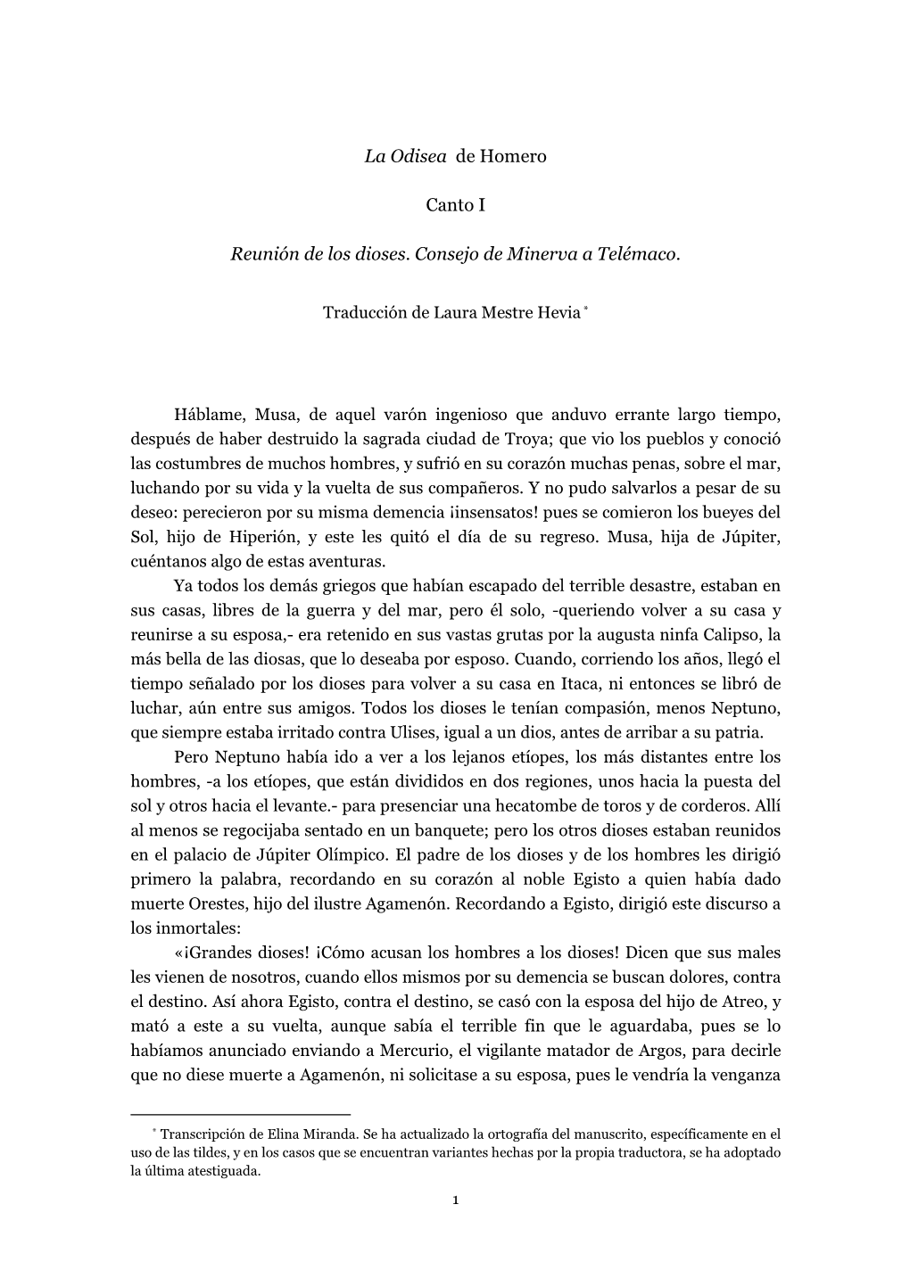 Pdf La Odisea. Canto I : Reunión De Los Dioses. Consejo De Minerva A