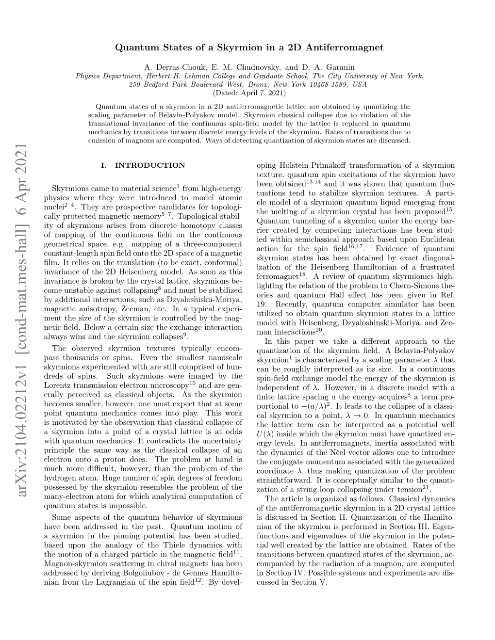 Quantum States of a Skyrmion in a 2D Antiferromagnet