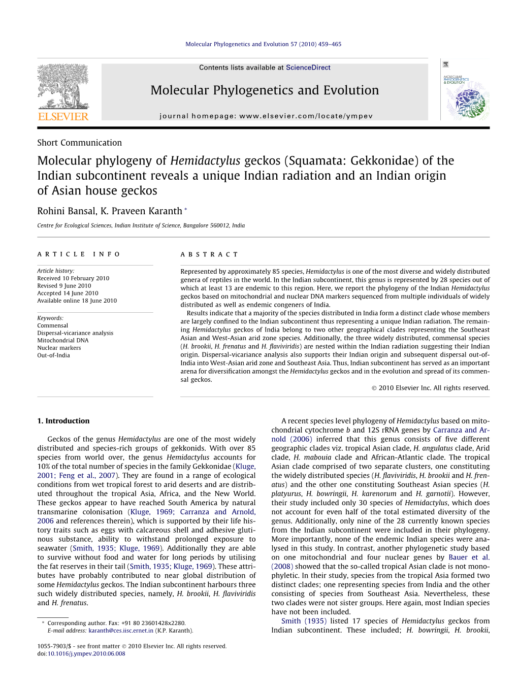 Molecular Phylogeny of Hemidactylus Geckos