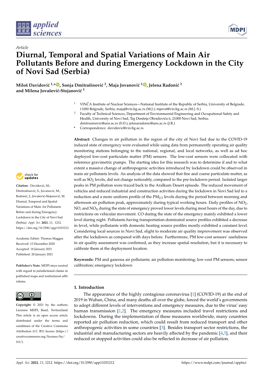 Diurnal, Temporal and Spatial Variations of Main Air Pollutants Before and During Emergency Lockdown in the City of Novi Sad (Serbia)