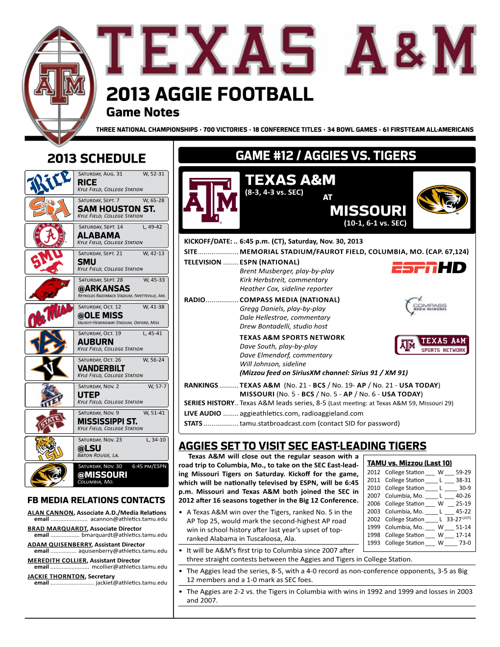 2013 AGGIE FOOTBALL Game Notes