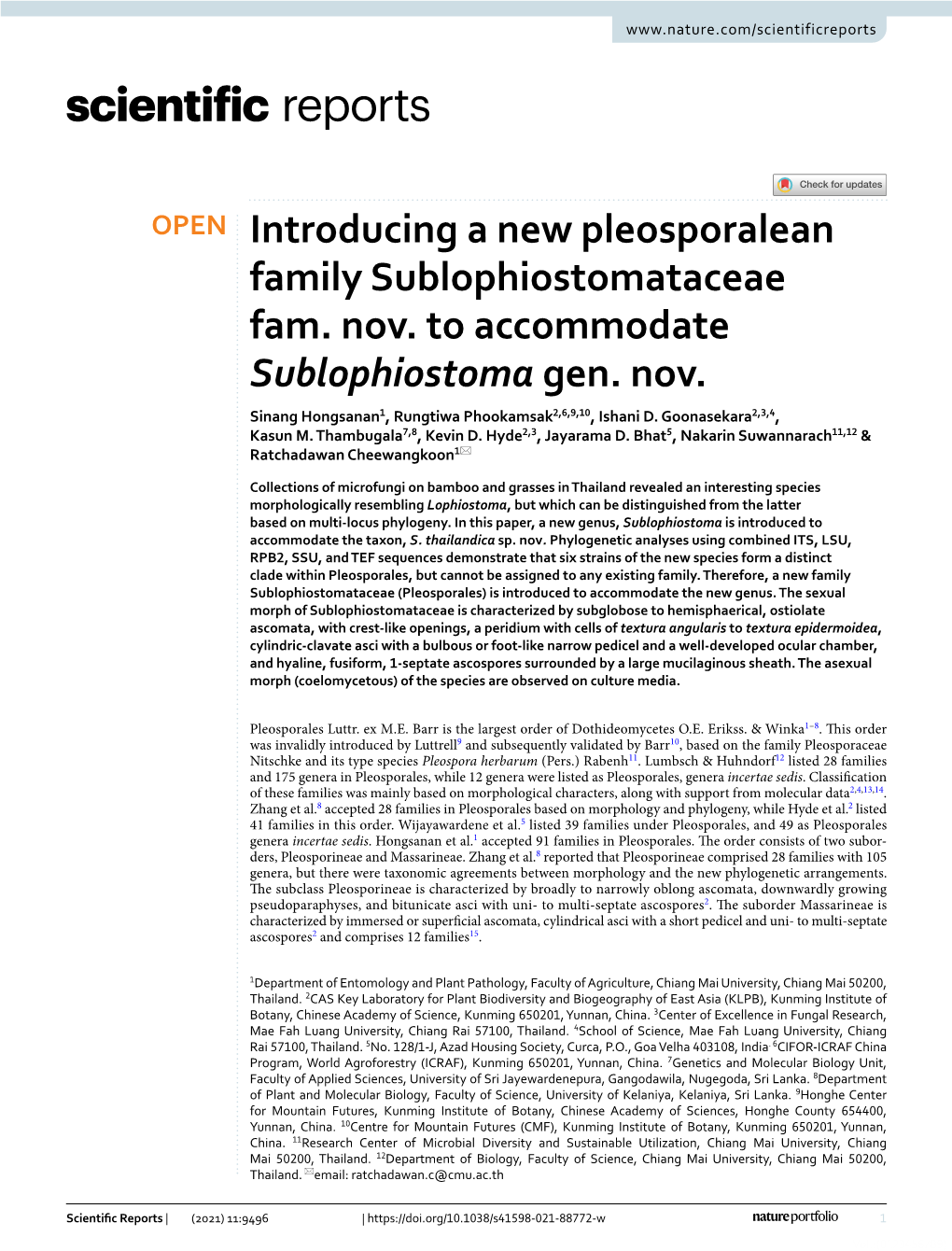 Introducing a New Pleosporalean Family Sublophiostomataceae Fam