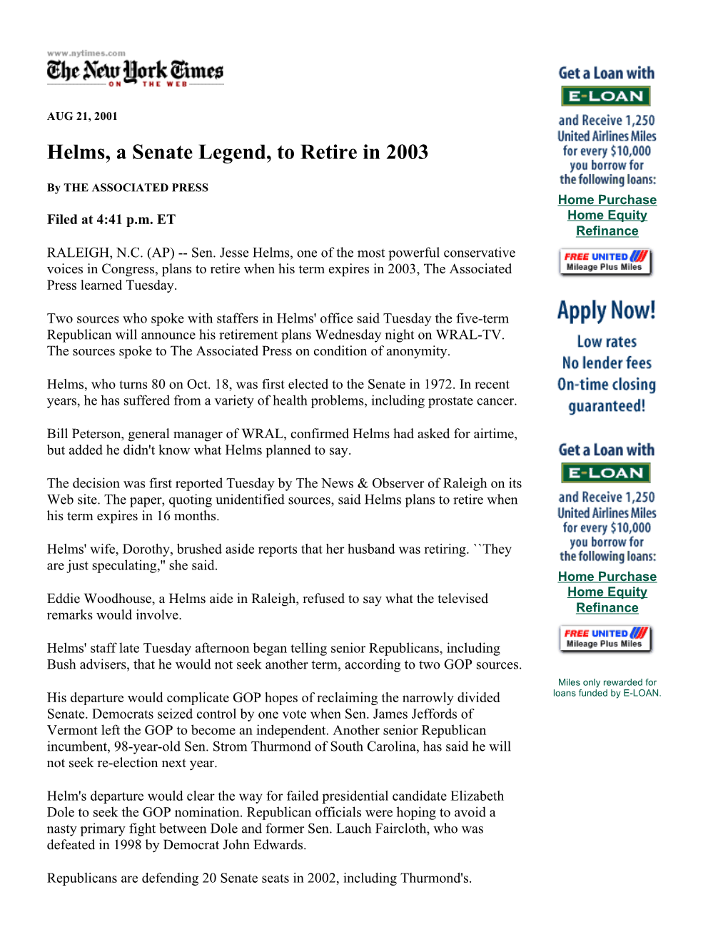 Helms, a Senate Legend, to Retire in 2003