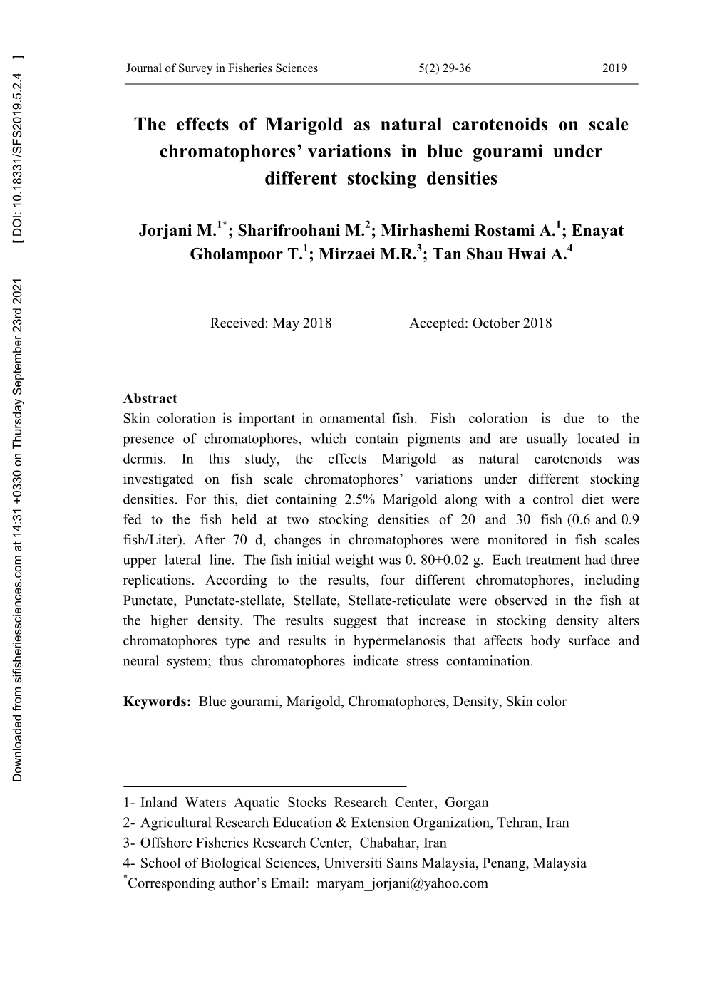 The Effects of Marigold As Natural Carotenoids on Scale Chromatophores’ Variations in Blue Gourami Under Different Stocking Densities