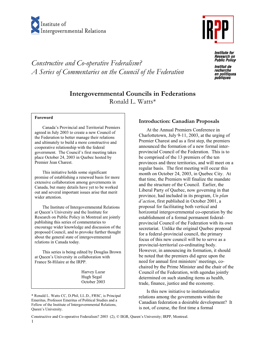 Intergovernmental Councils in Federations Ronald L