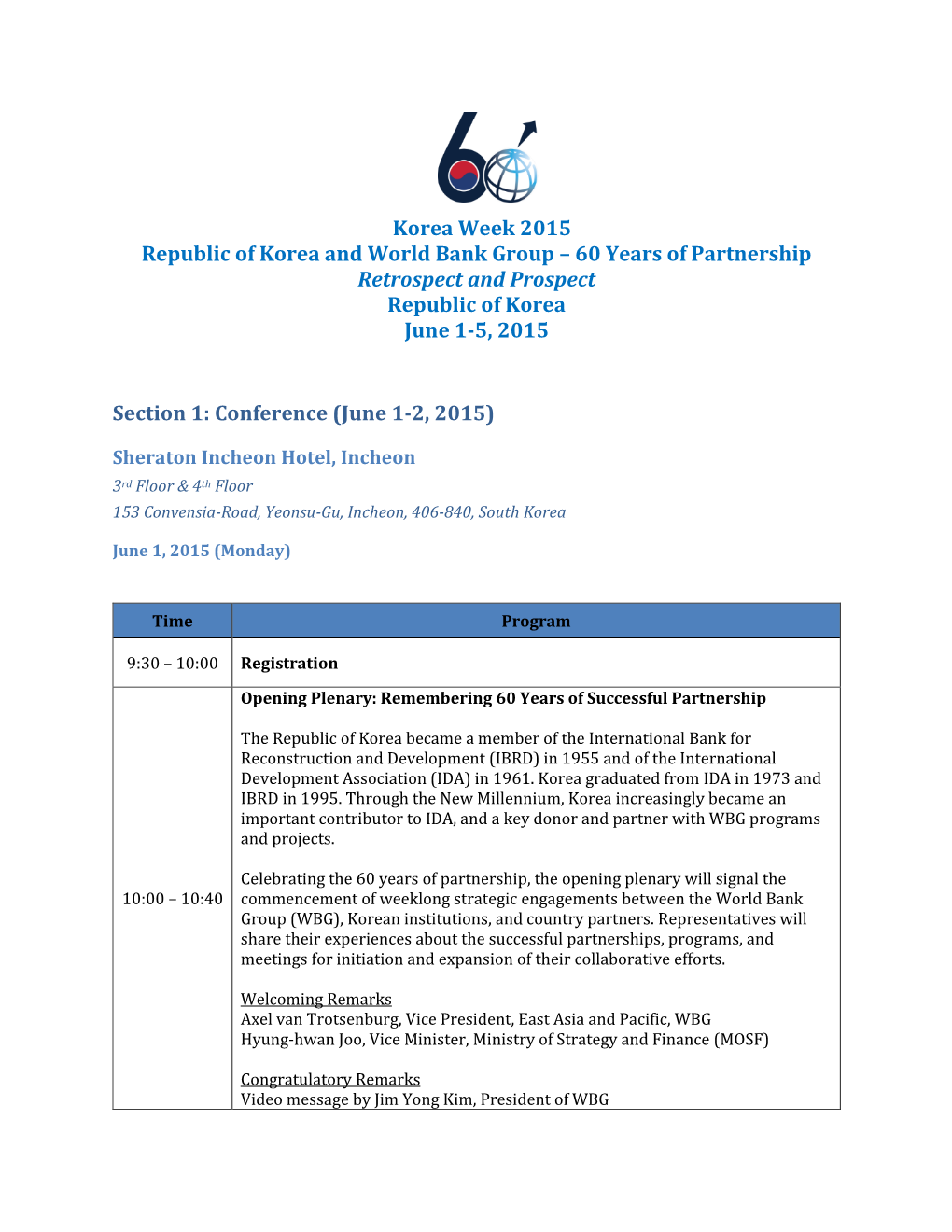 Korea Week 2015 Republic of Korea and World Bank Group – 60 Years of Partnership Retrospect and Prospect Republic of Korea June 1-5, 2015