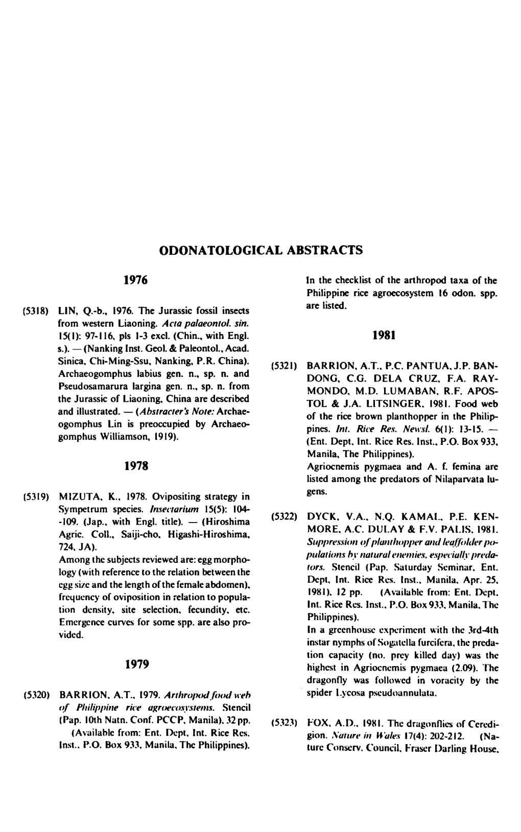 Odonatological Abstracts 1976 1978 (5319