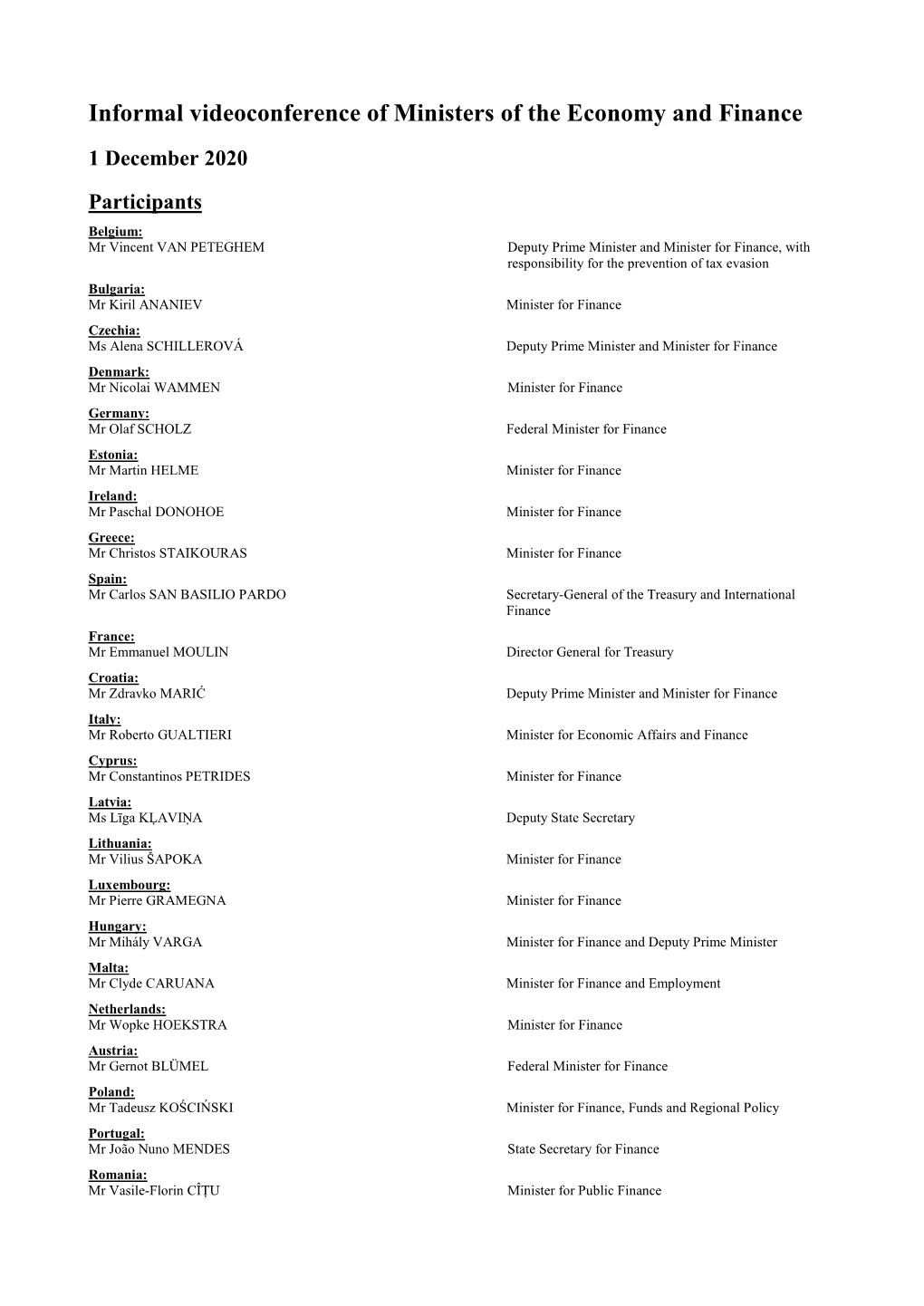 Informal Videoconference of Ministers of the Economy and Finance 1 December 2020