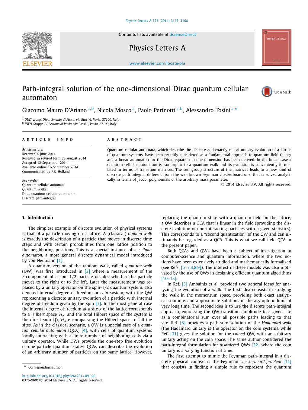 Path-Integral Solution of the One-Dimensional Dirac Quantum Cellular Automaton