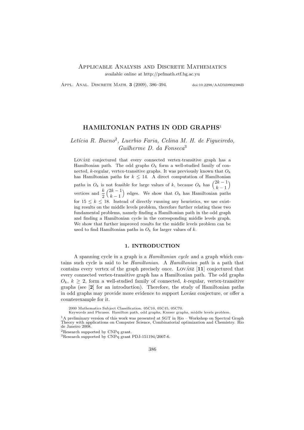 Hamiltonian Paths in Odd Graphs1