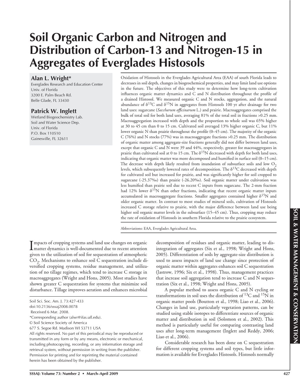 Soil Organic Carbon and Nitrogen and Distribution of Carbon-13 and Nitrogen-15 in Aggregates of Everglades Histosols