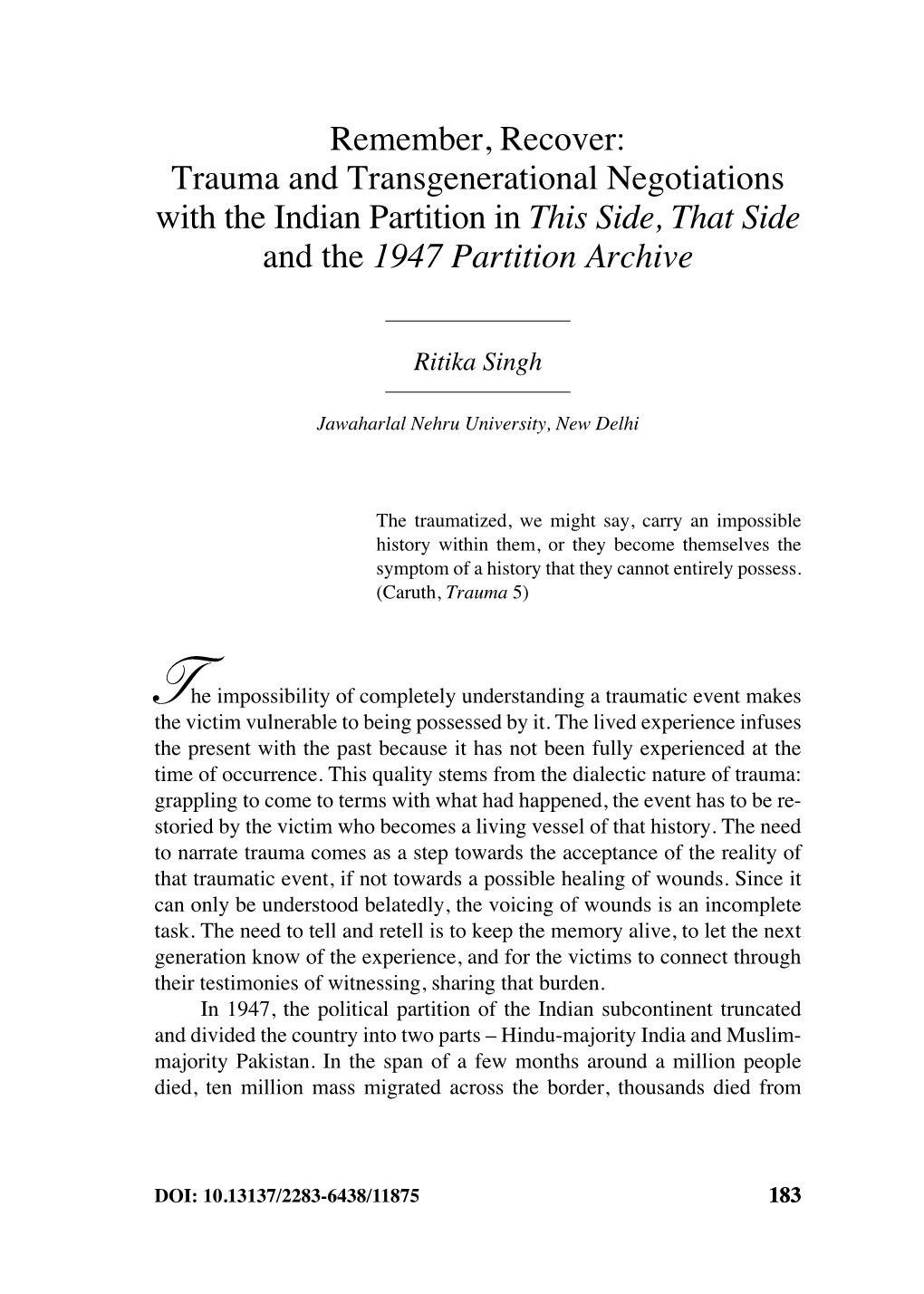 Trauma and Transgenerational Negotiations with the Indian Partition in This Side, That Side and the 1947 Partition Archive