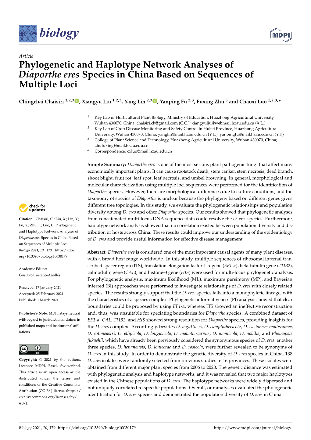 Phylogenetic and Haplotype Network Analyses of Diaporthe Eres Species in China Based on Sequences of Multiple Loci