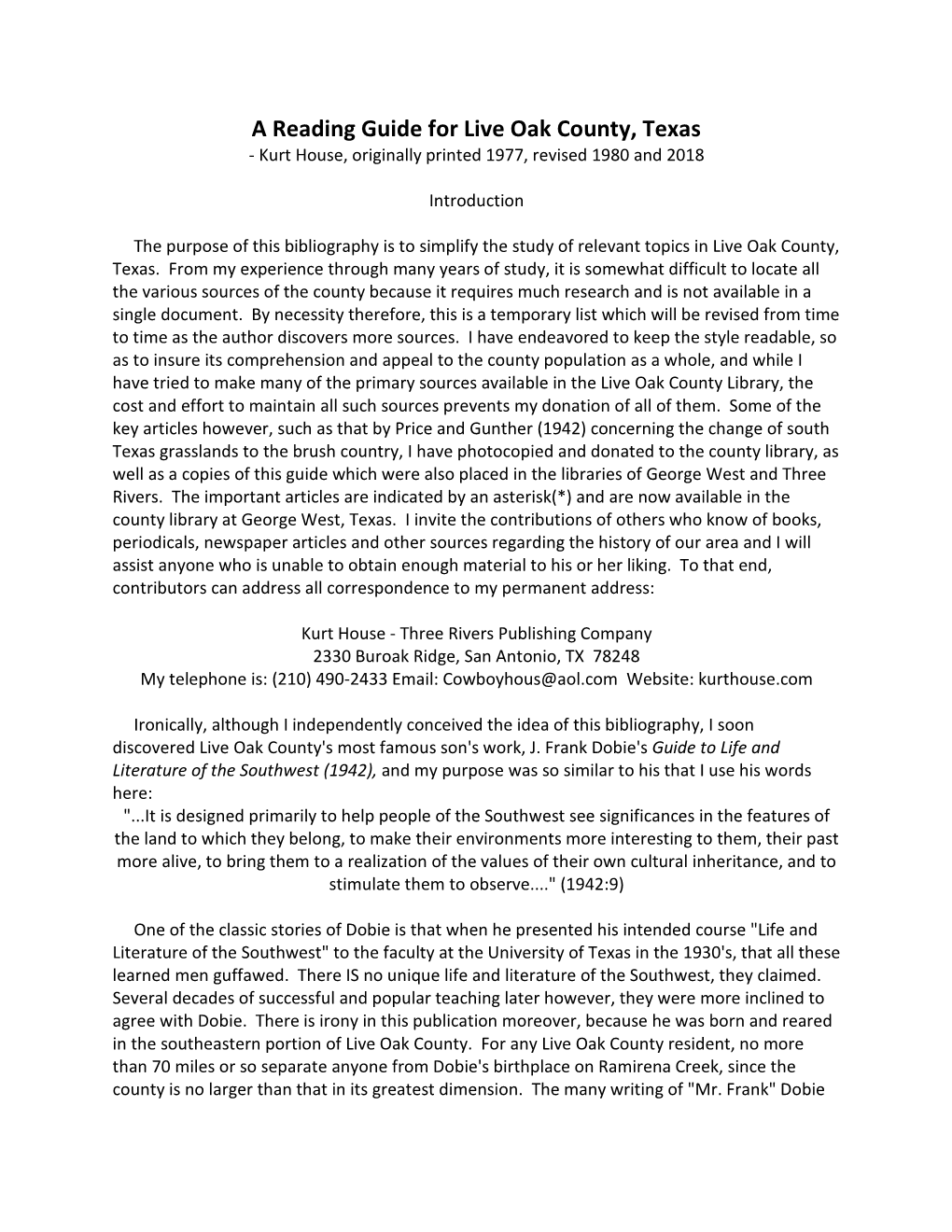 A Reading Guide for Live Oak County, Texas - Kurt House, Originally Printed 1977, Revised 1980 and 2018