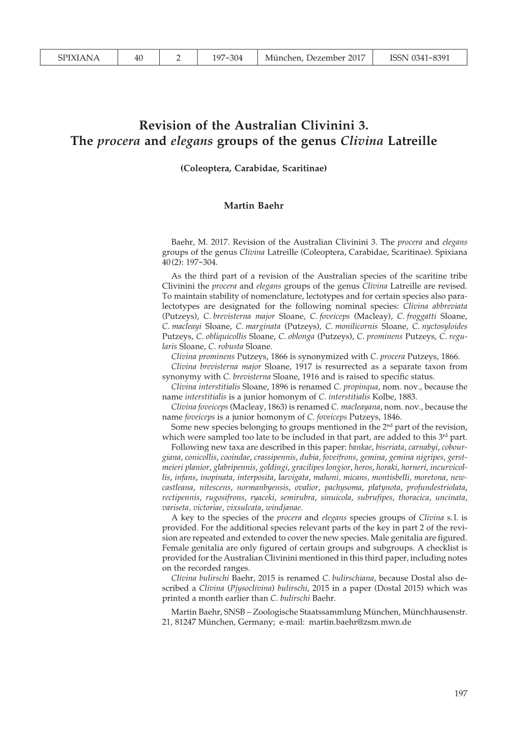 Revision of the Australian Clivinini 3. the Procera and Elegans Groups of the Genus Clivina Latreille