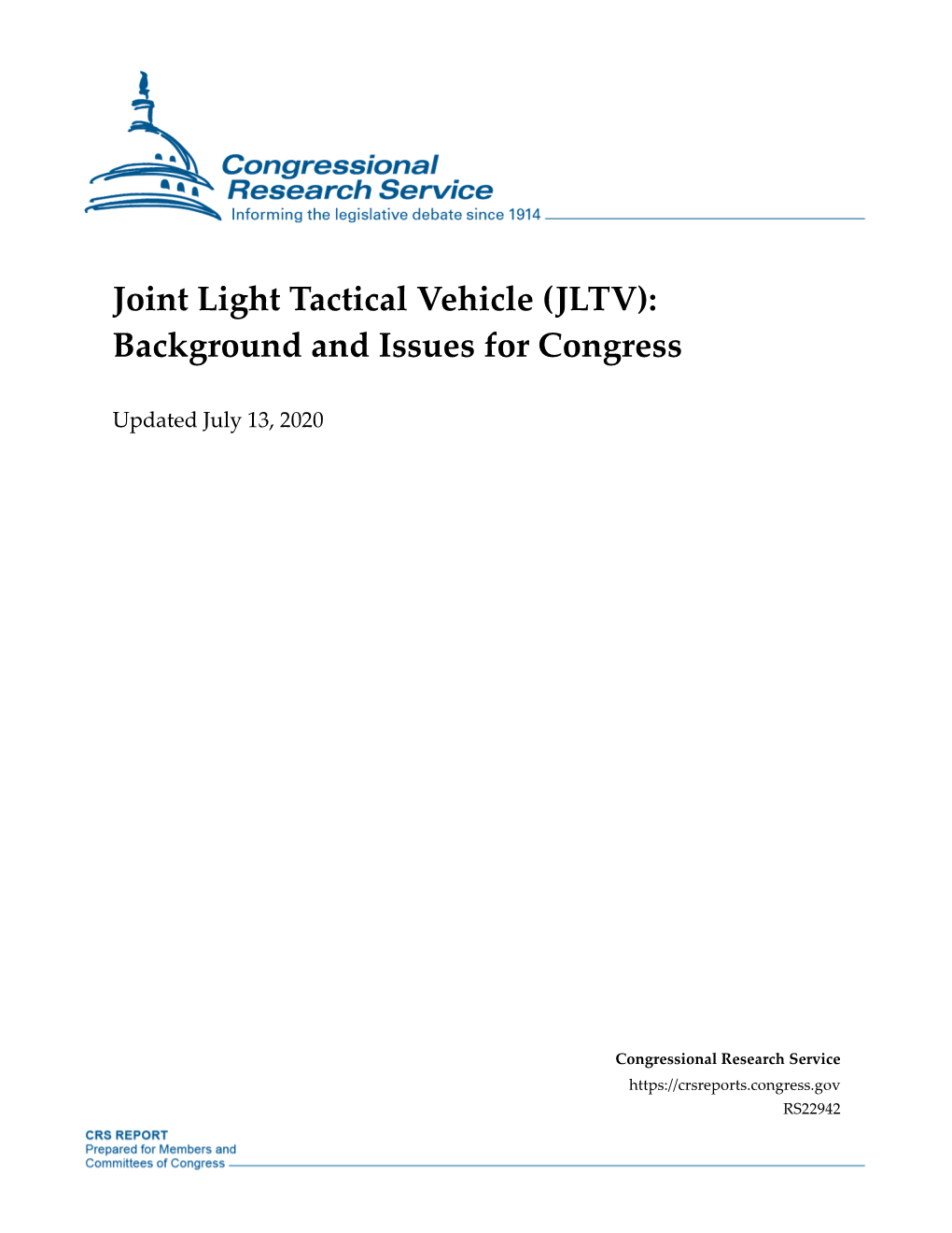 Joint Light Tactical Vehicle (JLTV): Background and Issues for Congress