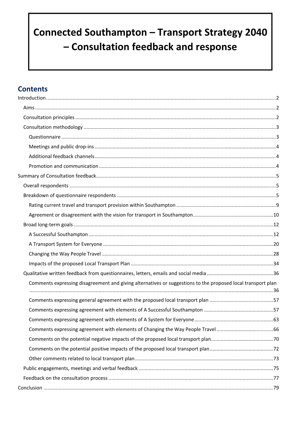 Connected Southampton – Transport Strategy 2040 – Consultation Feedback and Response