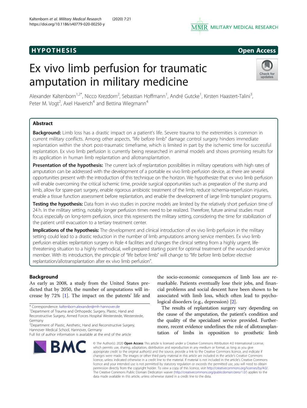 Ex Vivo Limb Perfusion for Traumatic Amputation in Military Medicine