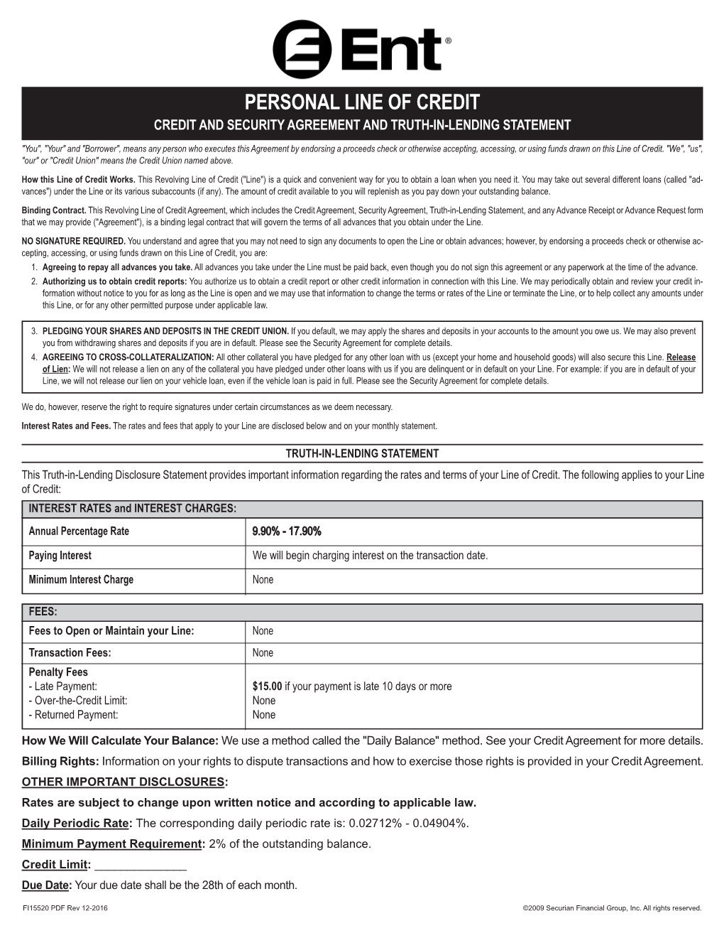 Personal Line of Credit Disclosure