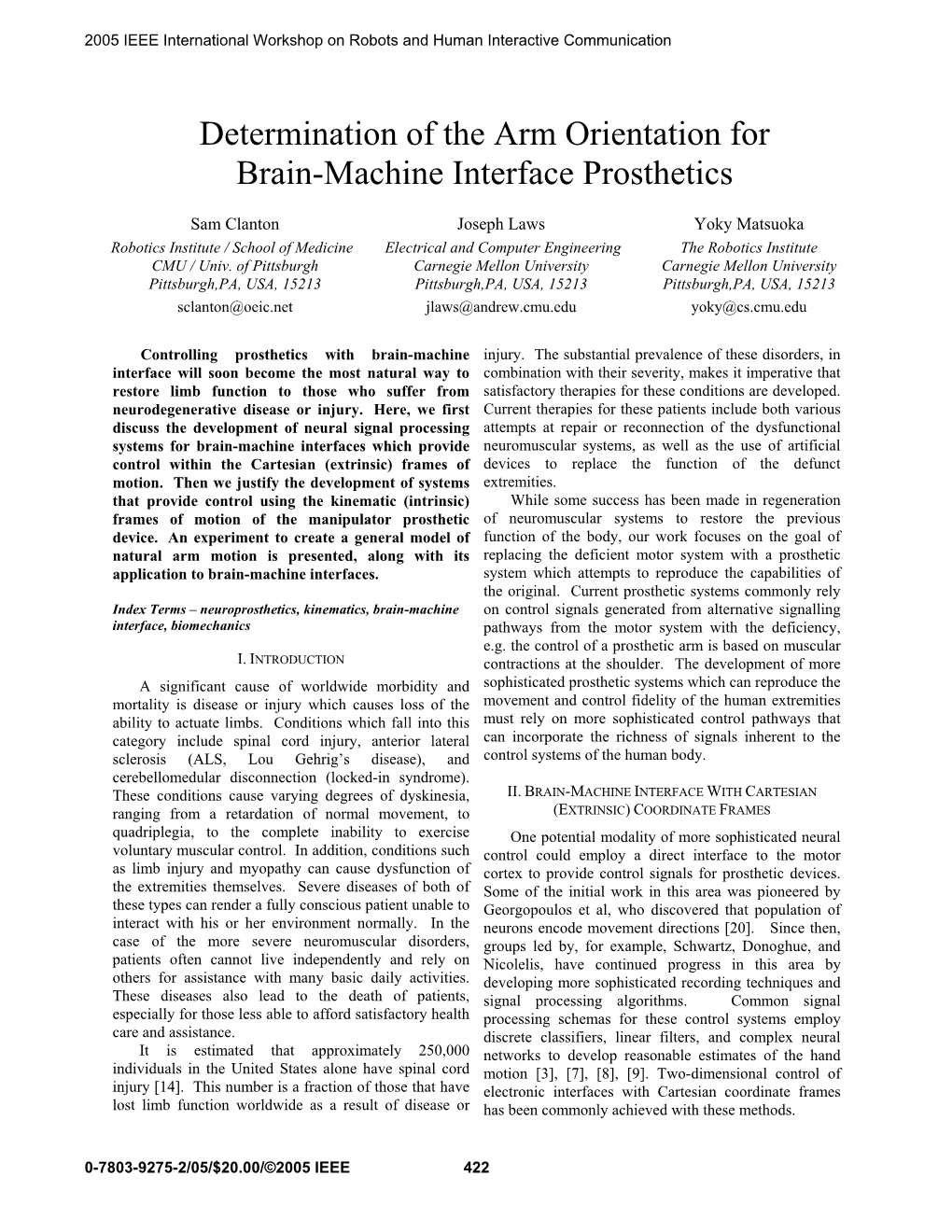 Determination of the Arm Orientation for Brain-Machine Interface Prosthetics