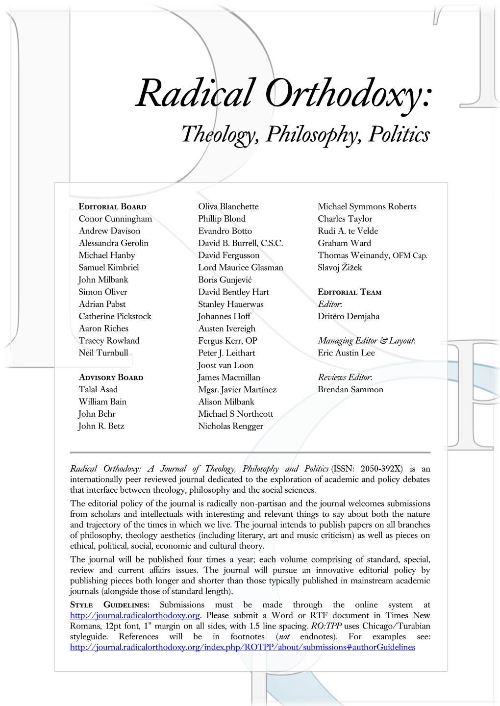 Radical Orthodoxy: Theology, Philosophy, Politics