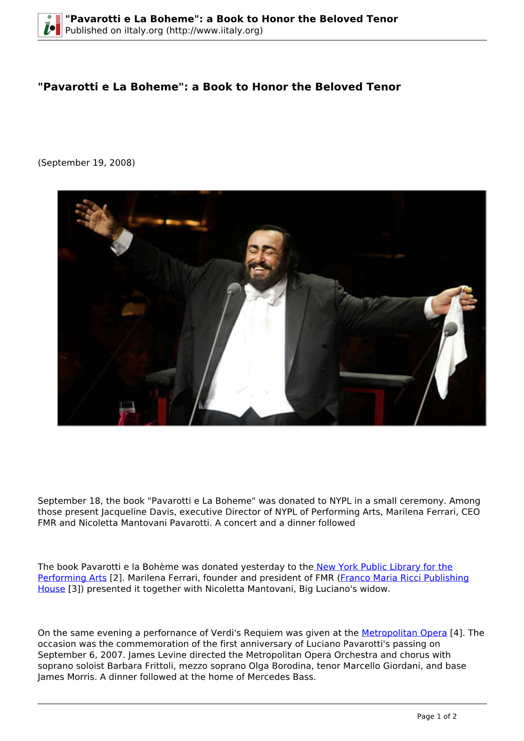 Pavarotti E La Boheme": a Book to Honor the Beloved Tenor Published on Iitaly.Org (