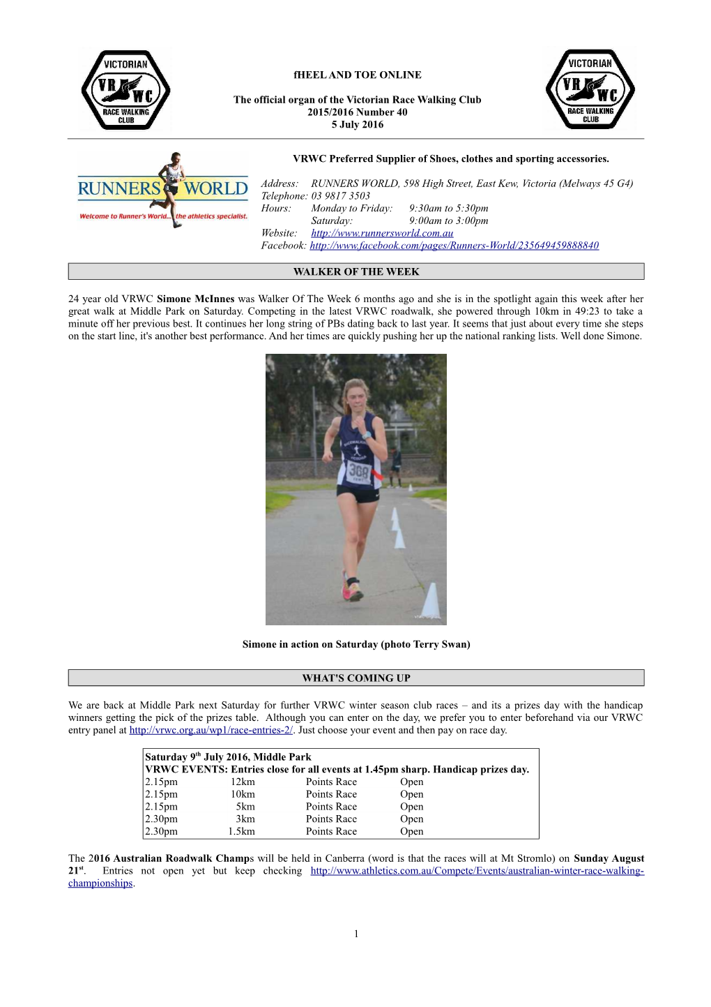 Fheel and TOE ONLINE the Official Organ of the Victorian Race Walking