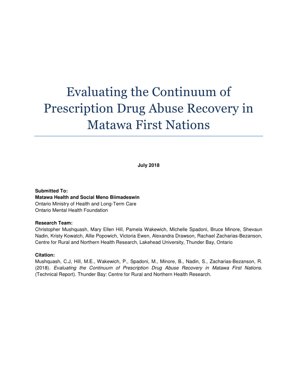 Evaluating the Continuum of Prescription Drug Abuse Recovery in Matawa First Nations