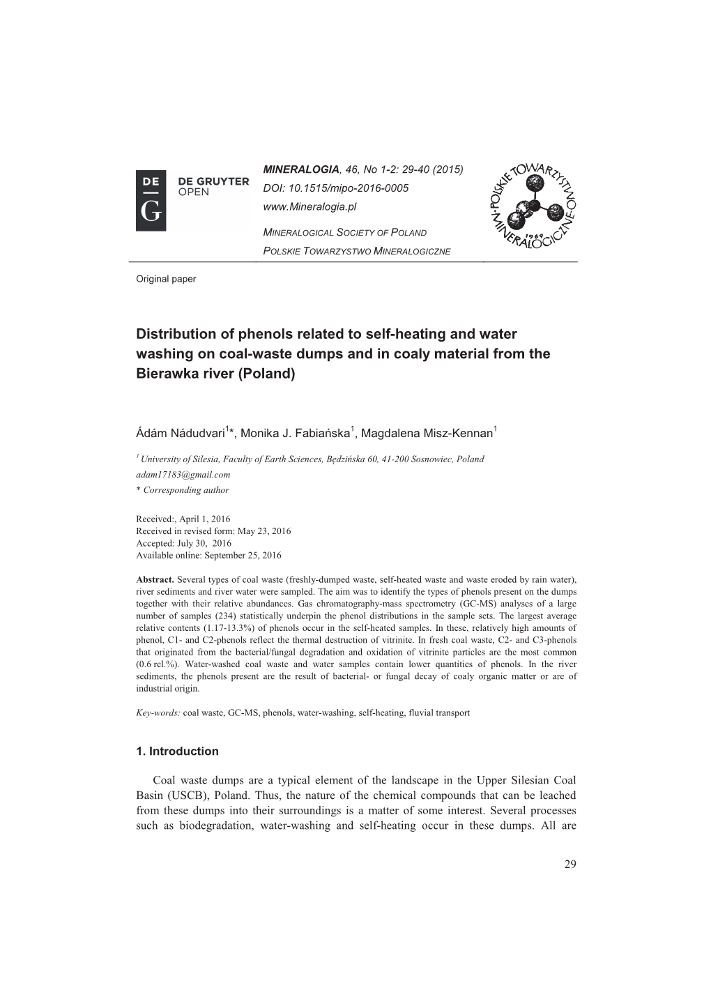 Distribution of Phenols Related to Self-Heating and Water Washing on Coal-Waste Dumps and in Coaly Material from the Bierawka River (Poland)