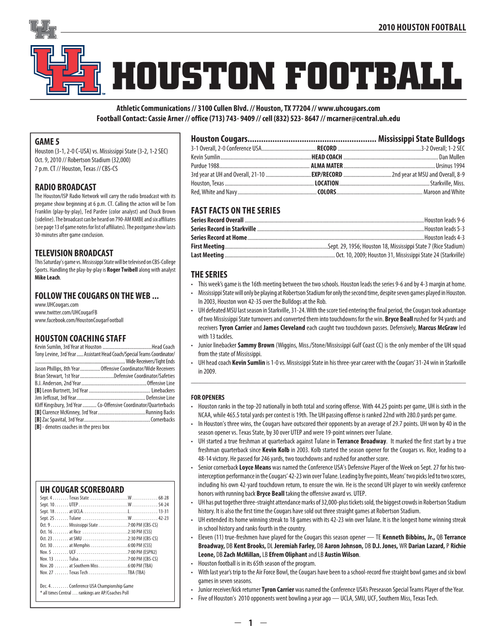 HOUSTON FOOTBALL HOUSTON FOOTBALL Athletic Communications // 3100 Cullen Blvd