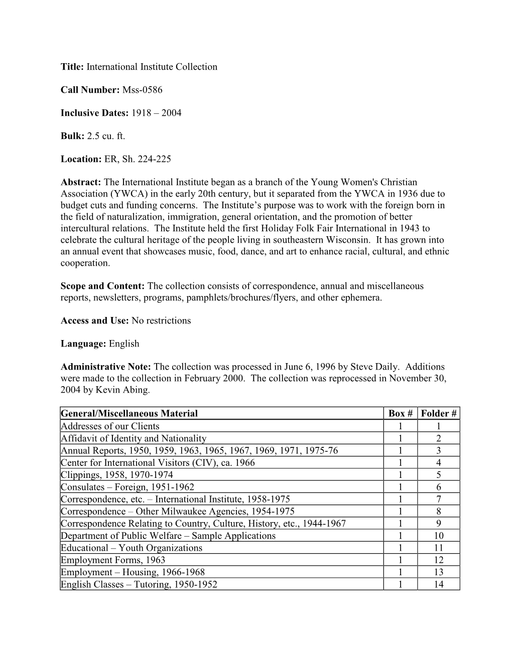 Title: International Institute Collection Call Number: Mss-0586 Inclusive