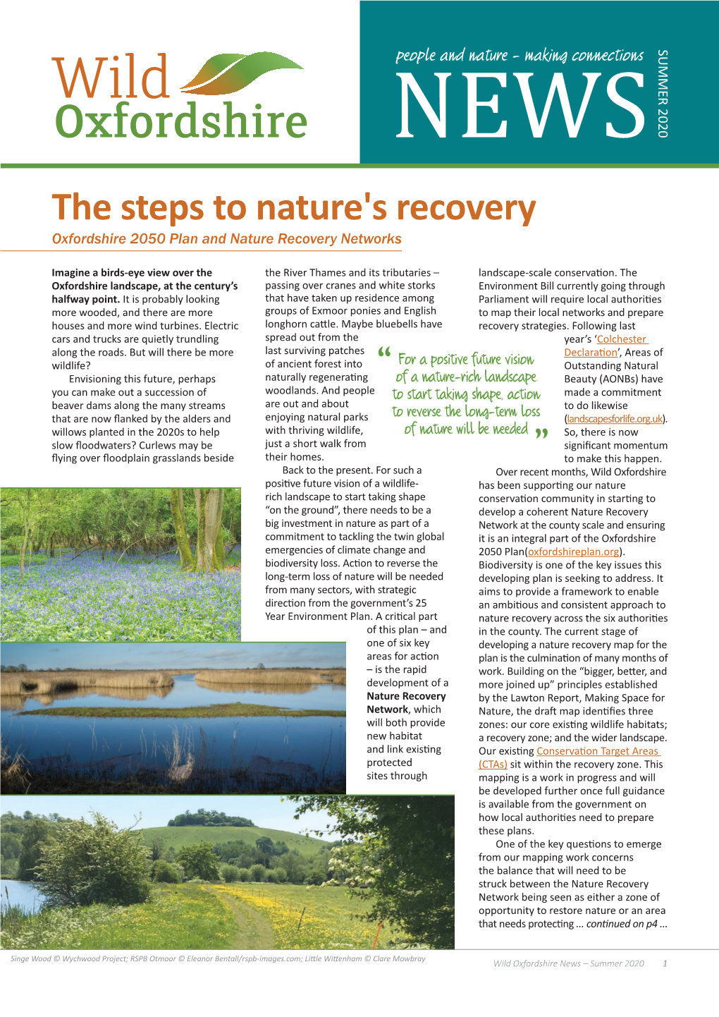 SUMMER 2020 NEWS the Steps to Nature's Recovery Oxfordshire 2050 Plan and Nature Recovery Networks