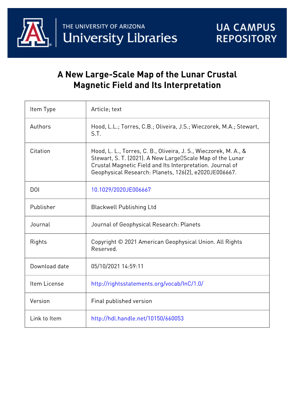 A New Large‐Scale Map of the Lunar Crustal Magnetic Field and Its