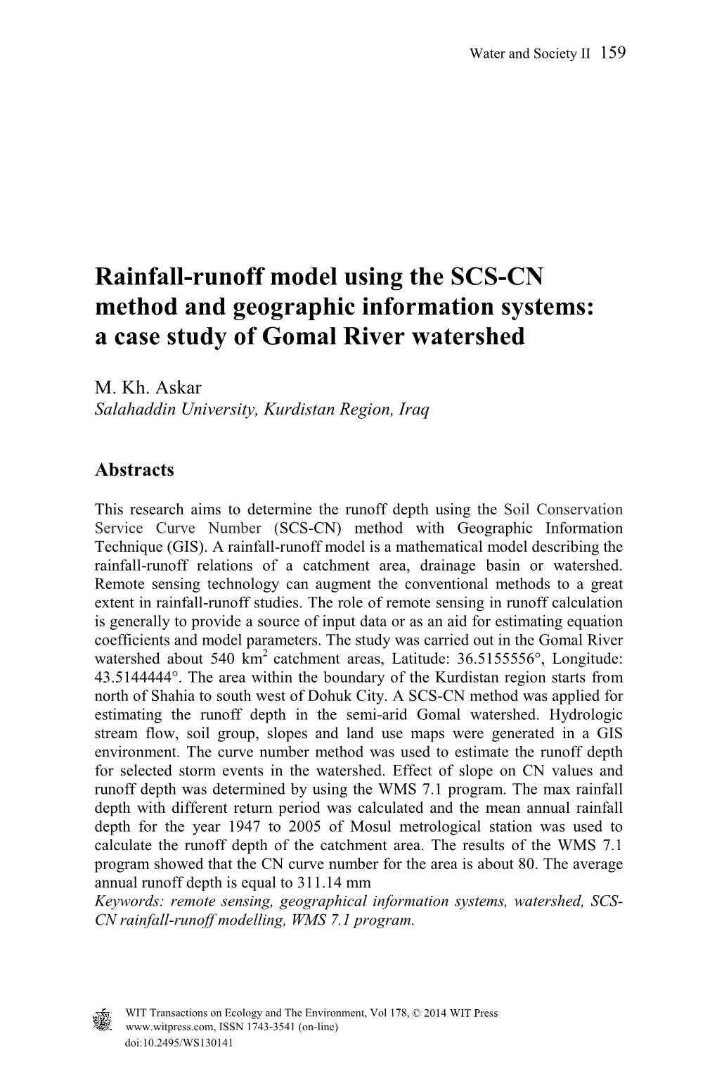 Rainfall-Runoff Model Using the SCS-CN Method and Geographic Information Systems: a Case Study of Gomal River Watershed