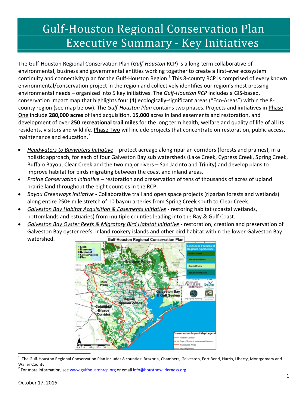 Gulf-Houston Regional Conservation Plan Executive Summary - Key Initiatives