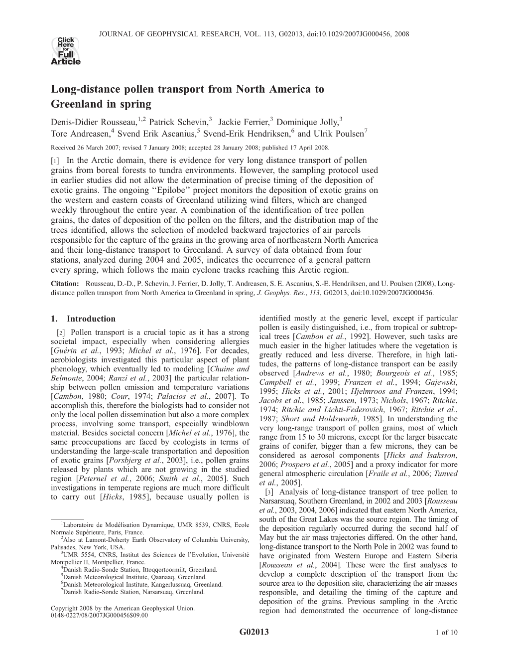 Long-Distance Pollen Transport from North America to Greenland