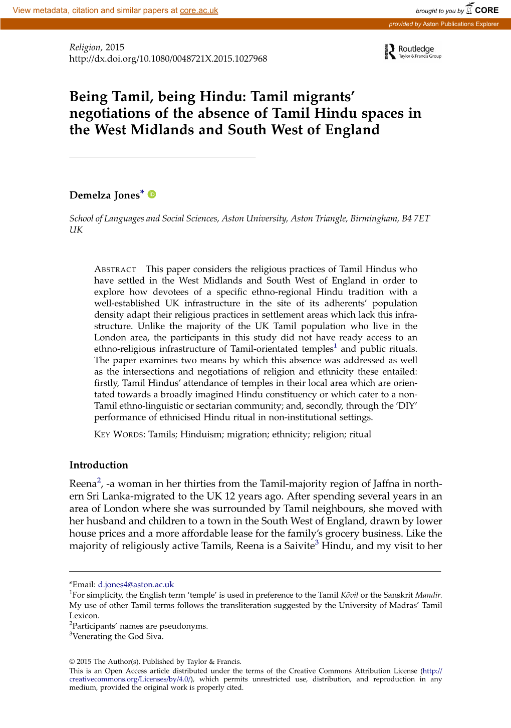 Tamil Migrants' Negotiations of the Absence of Tamil Hindu Spaces In